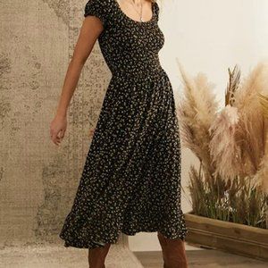 UO Tessie Black Ditsy Floral Midi Dress